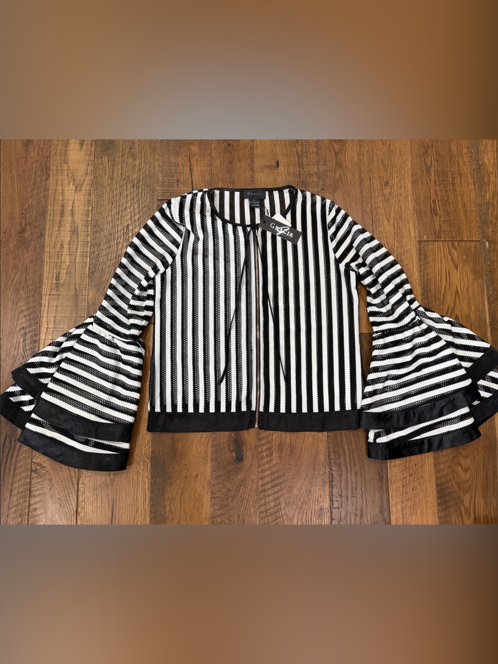 Gracia Black and White Vertical Stripe Bell-Sleeve Top